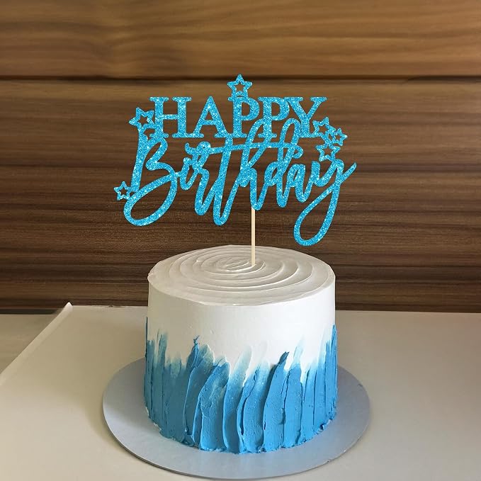 Gyufise 1Pcs Happy Birthday Cake Topper Glitter Happy Birthday Cake Pick for Celebrating Happy Birthday Anniversary Theme Party Cake Decorations Supplies Light Blue