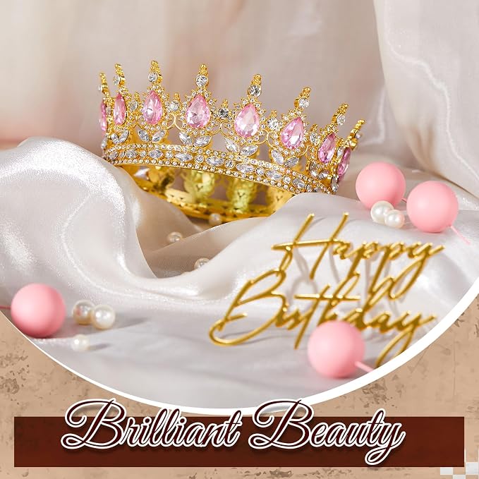 8 Pcs Pink and Gold Queen Crown Cake Topper, Happy Birthday Cake Toppers Foam Balls Rhinestone Crystal Tiara Wedding Decoration for Princess Party Photo Props for Women Princess