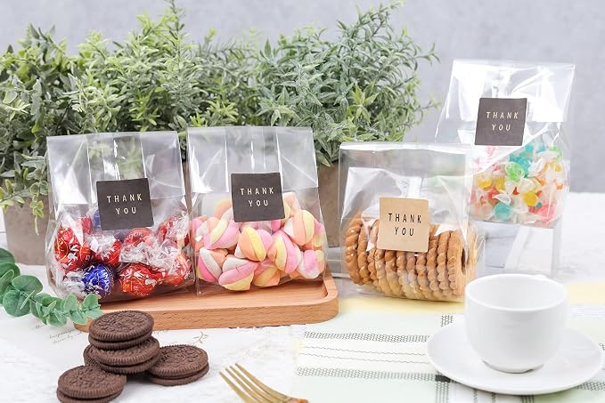Cellophane Treat Bags Cookie Bags for Packaging Clear Gift Bag with Stickers for Cookies, Candy, Chocolates, Graduation Gift Bags(Clear, 9x4 INCH)