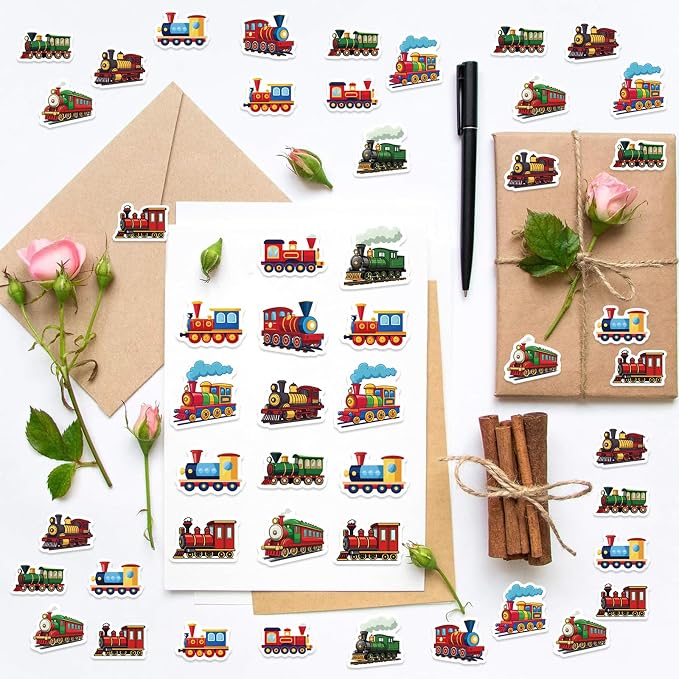 Vintage Train Stickers, 500Pcs Cartoon Steam Engine Stickers Self-Adhesive Railroad Stickers for Boys Train Party Favors Scrapbooking Envelope Seals Classroom Rewards