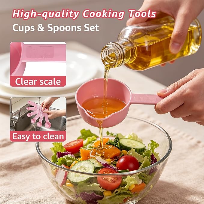 Set of Plastic Measuring Cups and Spoons, 11 Piece Nesting Measure Spoon Set with Metric and US Measurements, Fits for Measuring Dry and Liquid Dishwasher Safe