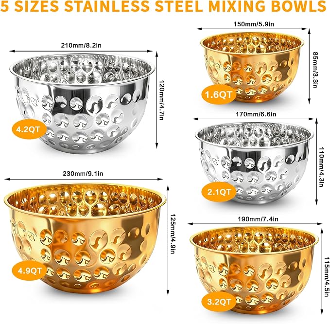 5-Piece Multicolor Stainless Steel Mixing Bowls (4.9/4.2/3.2/2.1/1.6QT), Hammered Design Nesting Metal Mixing Bowl Set for Kitchen, Baking, Cooking, Salad and Home Decor, Dishwasher Safe