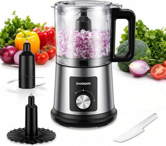SHARDOR Electric Food Processor, 4 Cup Food Chopper with 3 Speed Settings (Pulse + Hands-Free 1&2), 400W Powerful Motor, 4 Bi-Level Blades and Whisk Attachment, BPA-Free, Stainless Steel