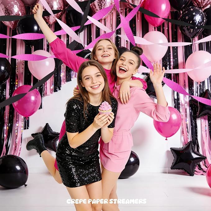 AOYOO Crepe Paper Streamers, 6 Rolls Light Pink Hot Pink and Black Party Streamers, Chic Pink and Black Party Decorations for Girls Birthday, Bachelorette, Sweet 16 and Y2K Party Supplies