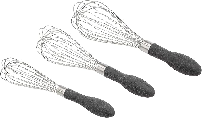 Amazon Basics Stainless Steel Wire Whisk Set for Cooking, Different Sizes, Easy to Hold Ergonomic Handle, 3 Piece, Black/Silver