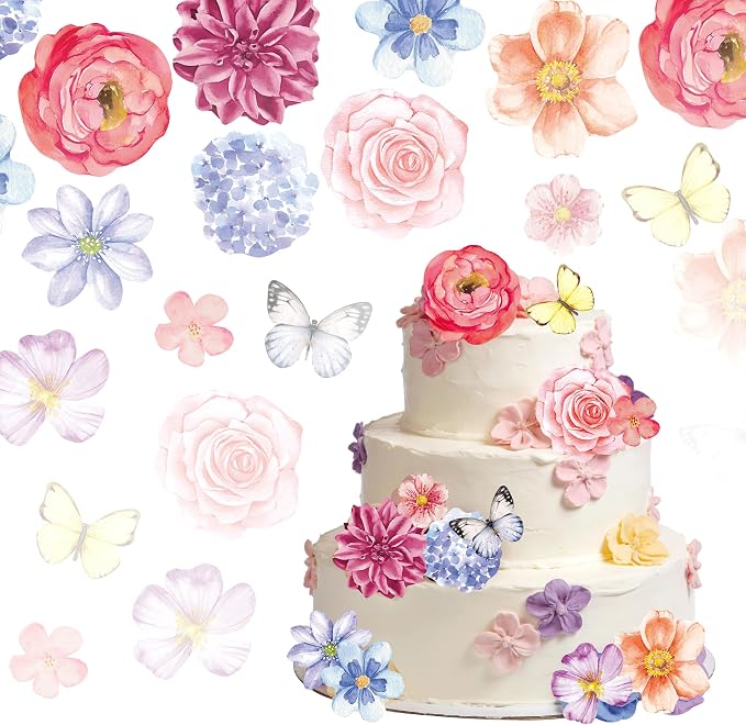138pcs Edible Flower Butterflies Cake Topper Wafer Paper Flower Cupcake Toppers Mixed Size Hawaiian Flower Cake Decorations for Tropical Luau Birthday Baby Shower Party Supplies