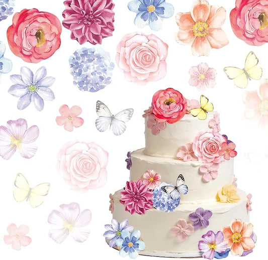 138pcs Edible Flower Butterflies Cake Topper Wafer Paper Flower Cupcake Toppers Mixed Size Hawaiian Flower Cake Decorations for Tropical Luau Birthday Baby Shower Party Supplies