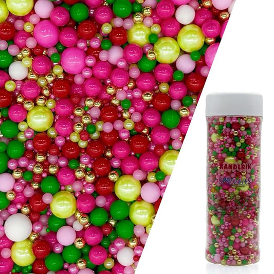 Edible Red Series & Pink & Green Sugar Pearls Sprinkles Candy Mix Size Pearls Cake Decorations Cupcake Toppers Decorating Perfect for Wedding Party Valentine Supplies 4.58OZ