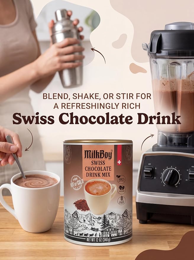 MilkBoy Dairy Free Hot Chocolate Mix - Gluten Free Swiss Cocoa Drink Powder, Vegan Hot Cocoa Mix, Gourmet Swiss Chocolate Drink, Kosher, Rainforest Alliance Certified - 12 oz Can