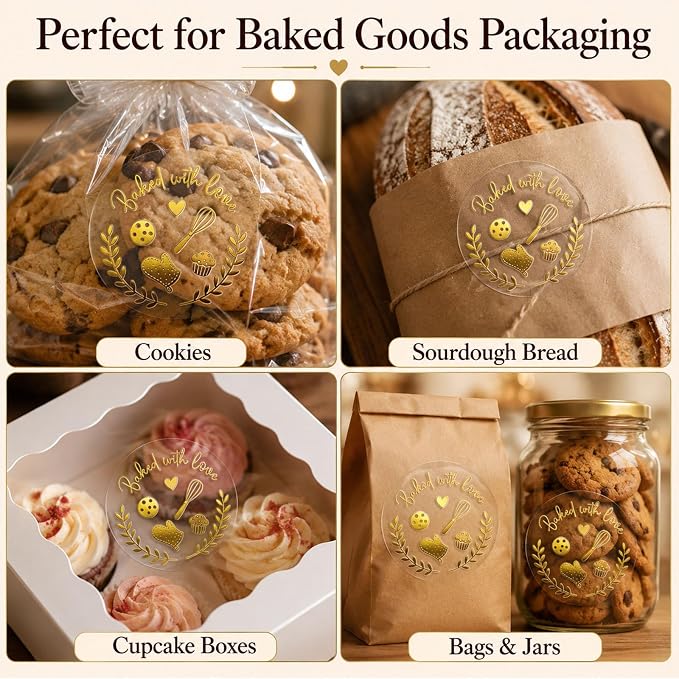 100 Baked with Love Stickers, Bakery Stickers, Baking Stickers & Cookie Stickers for Homemade Treats, Sourdough Bread, Pastry Packaging, Clear Gold Foil Labels for Small Business & Gift Bags, 1.6 Inch