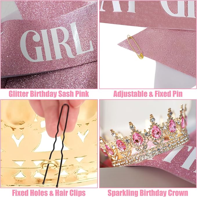 Crown & Birthday Sash for Women - Crown Happy Birthday Cake Topper Candles Balls Butterfly | Corona Para Pastel | Sweet Crown Decorations for Queen Princess Bride Wedding Prom (Gold, Pink)
