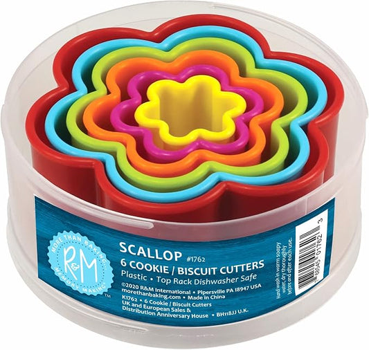 R&M International Scallop Flower Cookie and Biscuit Cutters, Assorted Sizes, Bright Colors, 6-Piece Set