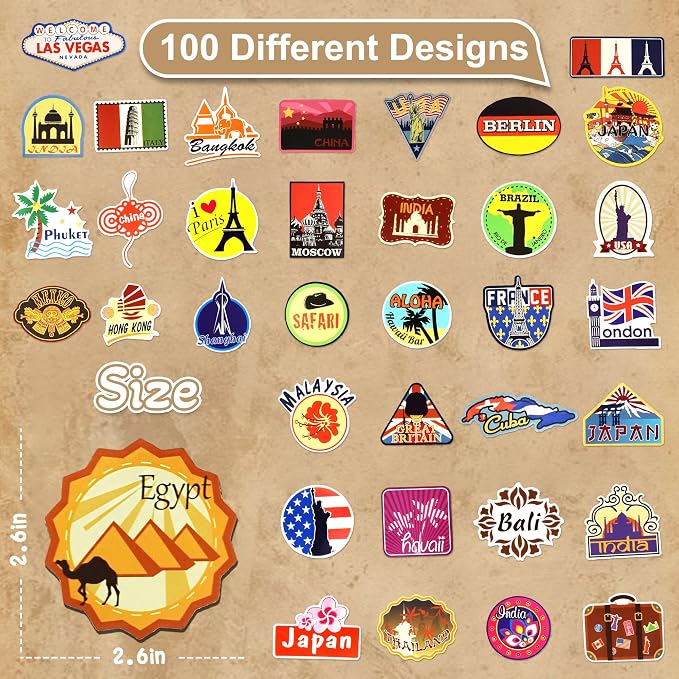 100 Pcs Travel Stickers for Scrapbooking, Waterproof Vinyl Adventure World Map Landmark Stickers for Laptops Water Bottles Journals, Decorative Decals for Teens Students Adults