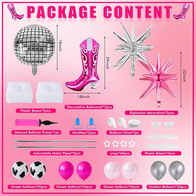 2 Sets Disco Cowgirl Balloon Column Stand Kits Adjustable Pink Balloons with Disco Ball Explosion Star Cowgirl Boot Themed Tower Stand Kit for Western Party My First Rodeo Baby Shower Decorations