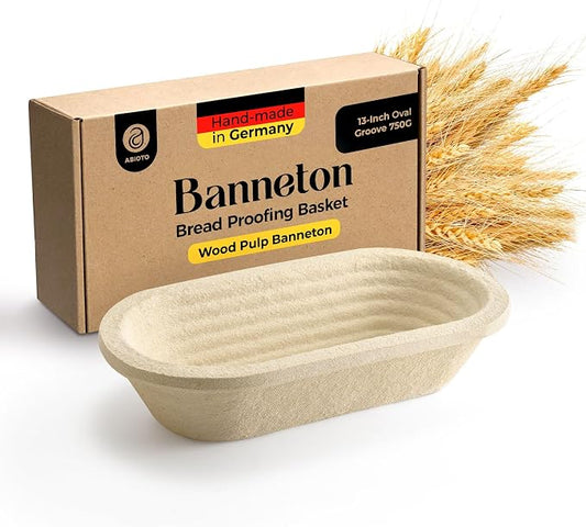 Wood Pulp Banneton Bread Proofing Basket – 13" Oval 1.5LB Brotform, Grooved Pattern– Non-Stick Natural Wood Pulp Pressed for Durability– Made in Germany Proofing Basket for Sourdough Bread Baking