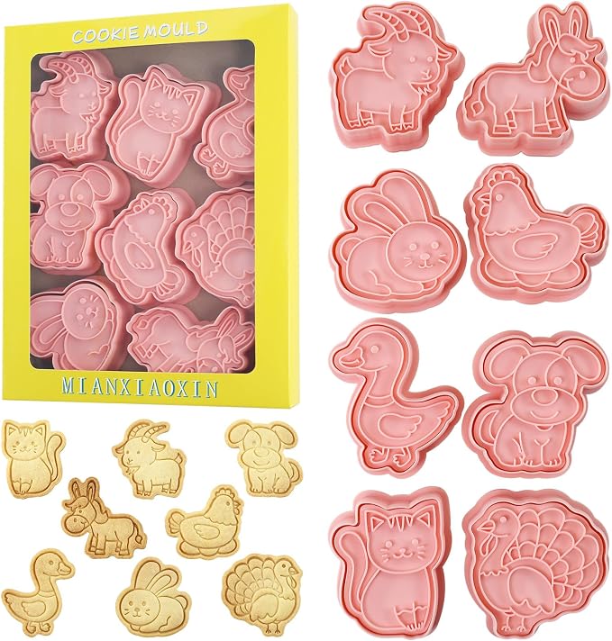 Farm Animal Cookie Cutters with Cookie Stamps 8 Pieces Cute Cookie Cutters for DIY Biscuit Snacks Cheese Baking (Farm B)