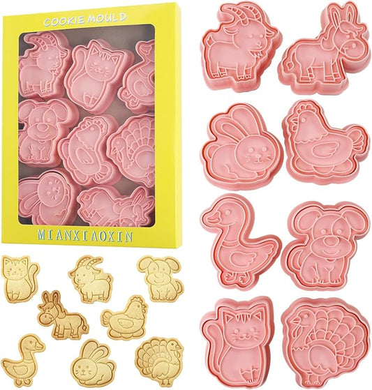 Farm Animal Cookie Cutters with Cookie Stamps 8 Pieces Cute Cookie Cutters for DIY Biscuit Snacks Cheese Baking (Farm B)