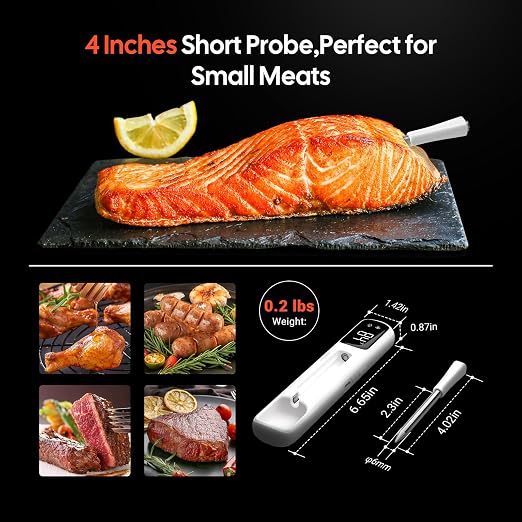 4-inch Short Probe Wireless Meat Thermometer – 1000ft Bluetooth, Clear LED Display, 60-Min Offline Data Storage – Digital Food Thermometer for BBQ, Grill, Oven, Rotisserie