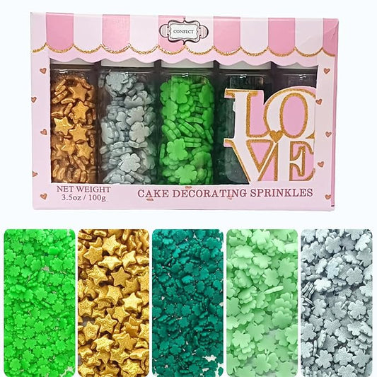 Confect St. Patricks Green & Silver Clover Sprinkles | Gold Star Sprinkles for Baking & Cake Decorative | Birthday Sprinkle mix pack of 5 | Soy-Free, Dairy-Free, Palm Oil-Free - 5 Oz