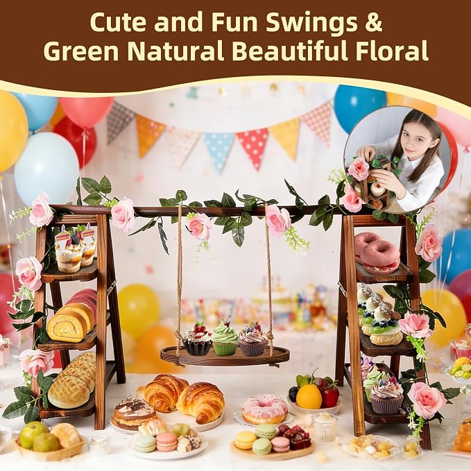 Wooden Cupcake Stand, 3 Tier Dessert Display Serving Tray with Swing and Flower Decoration, Foldable Tiered Ladders Stand for Party, Birthday, Wedding, Baby Shower, Table Food Display for Fruit Bread