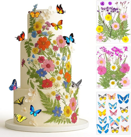 50 Pcs 10 Kinds Real Natural Edible Wildflower Cake Toppers & Edible Butterflies Wedding Cake Toppers, Edible Cake Decorations for Birthday, Cake Decorating Kit for Wedding,