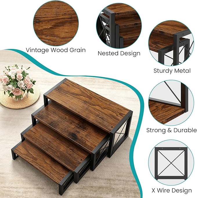 ELITEROO Wood Risers Display Stands Set of 4, Wooden 4 Tier Cupcake Stand, Tiered Riser for Vendors, Decorative Display Risers for Food Desserts Buffet Table at Party Wedding, Rustic Brown