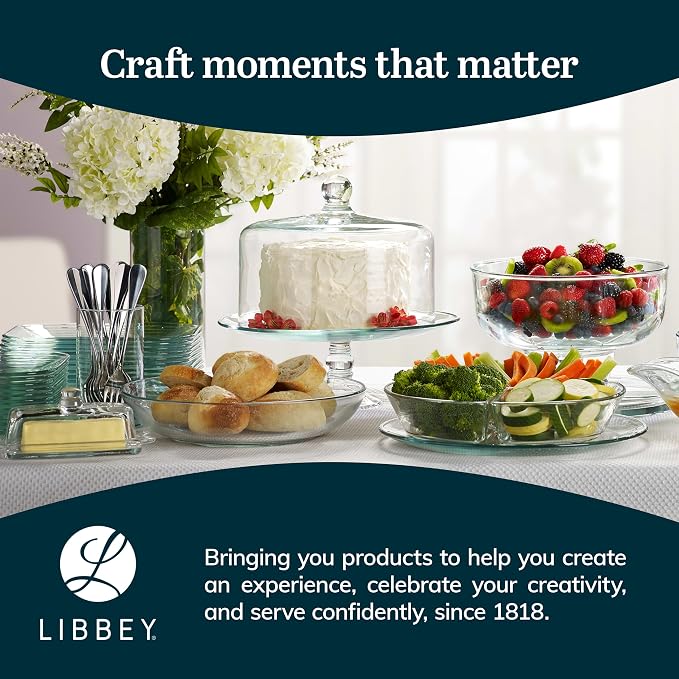 Libbey Selene Glass Cake Stand with Dome Lid, Elegant Curved Footed, Covered Cake Stand, Versatile Serving Dish for Variety of Desserts and More
