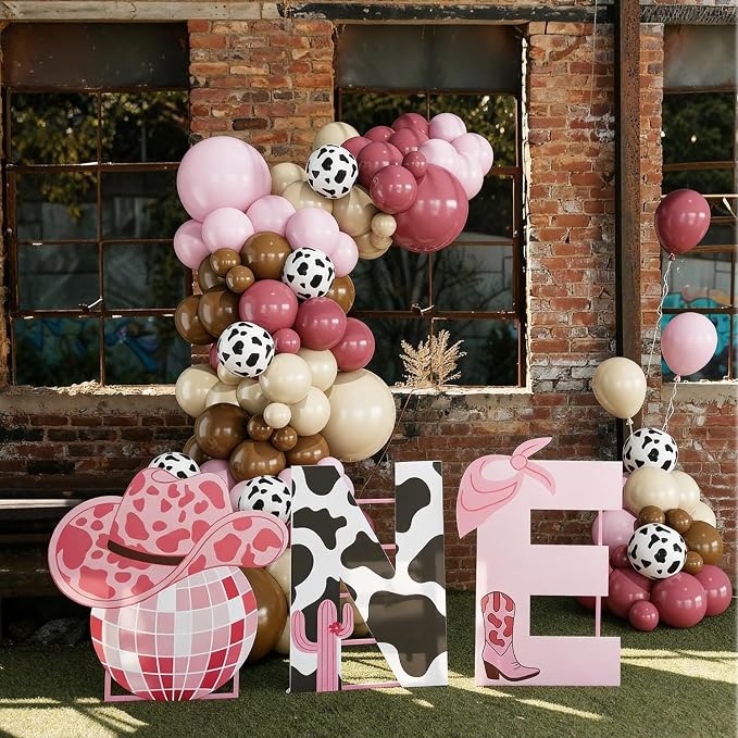 Cowgirl Dusty Pink Balloon Garland Arch Kit, 144Pcs Pink Brown Cream Cow Balloons for Birthday Baby Shower Disco Cowgirl Western Party Decorations