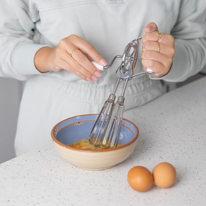 Fox Run Stainless Steel Manual Hand Mixer, White Retro Style Egg Beater, 10" x 5"