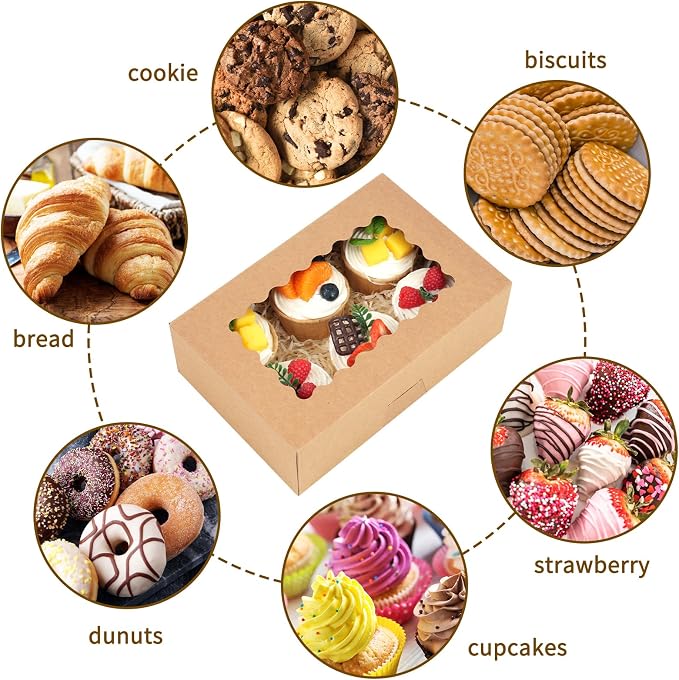 Moretoes 28pcs Cookie Boxes with Window, 9x6x3 Inch Brown Bakery Boxes Pastry Containers for Chocolate Covered Strawberries, Candy, Muffins, Donuts