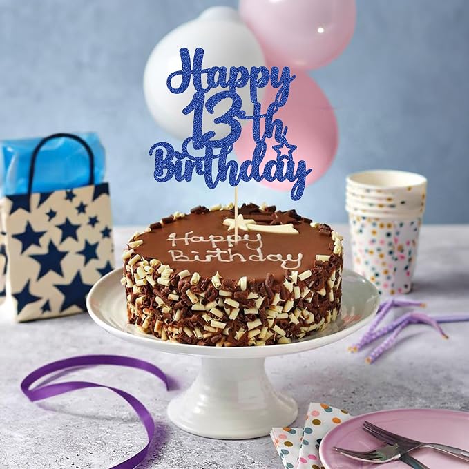 Gyufise 1Pc Happy 13th Birthday Cake Topper Glitter 13 & Fabulous Official Teenager 13 Birthday Cake Pick for Celebrating 13th Birthday Anniversary Party Cake Decorations Supplies Blue