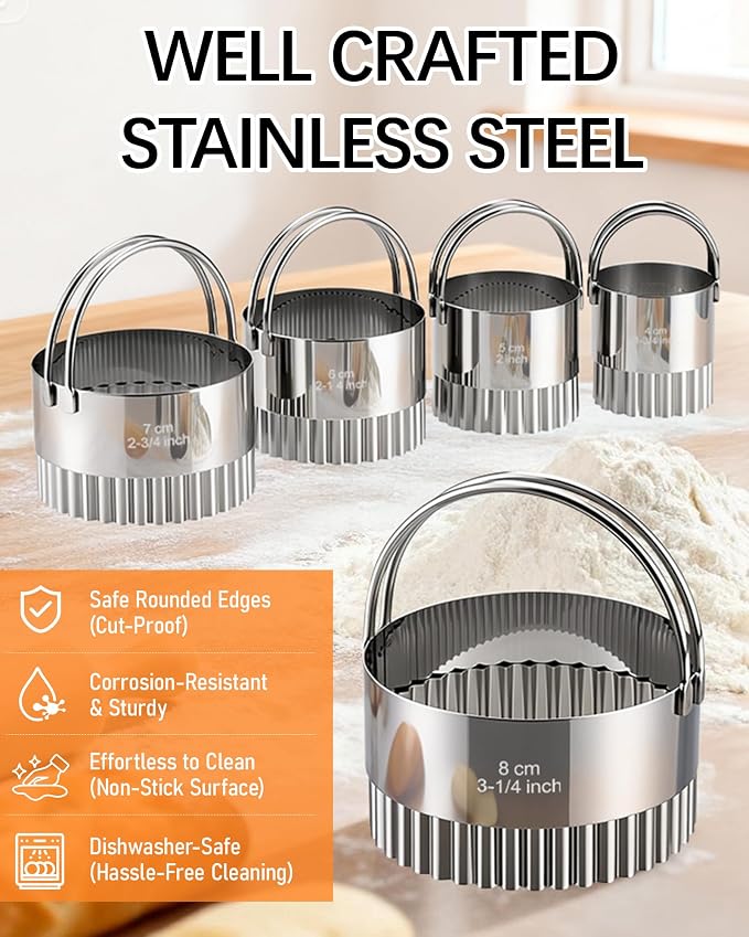 Biscuit Cutter Set with Handle, 5 Piece Stainless Steel Fluted Round Cookie Cutter Tool, Multi Size Wave Edge Dough Donut Cutters for Baking Cakes, Biscuits, Pastry Dough