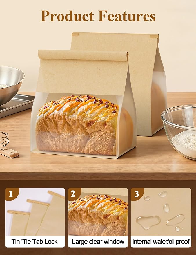 FireKylin Bread Cookie Bags with Window & Tin Tie 5.1x3.9x11.0 (50,Medium) | Food Safe Brown Paper, Clear Window, Reusable Tin Tie, for Homemade Bread, Cookies, Muffins, Pastry, Candy, Party Favor