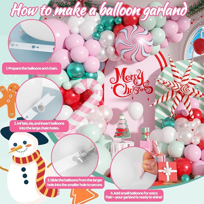 Christmas Balloon Arch, Pink Green Balloon Arch Kit, Pink White Green Red Balloons Candy Foil Star Sweet Canes Balloons For Christmas Theme Birthday Baby Shower Party Wedding Holiday Celebrations