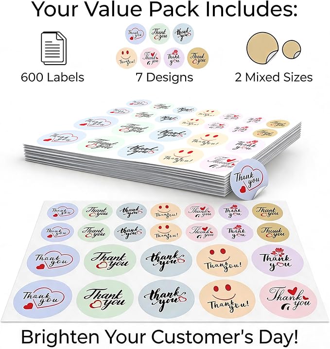 Thank You Stickers 600 Pcs - 1.5" & 1" Round Labels for Small Business, 7 Designs Packaging Stickers for Handmade Products, Envelopes, Gift Wrapping & Crafts