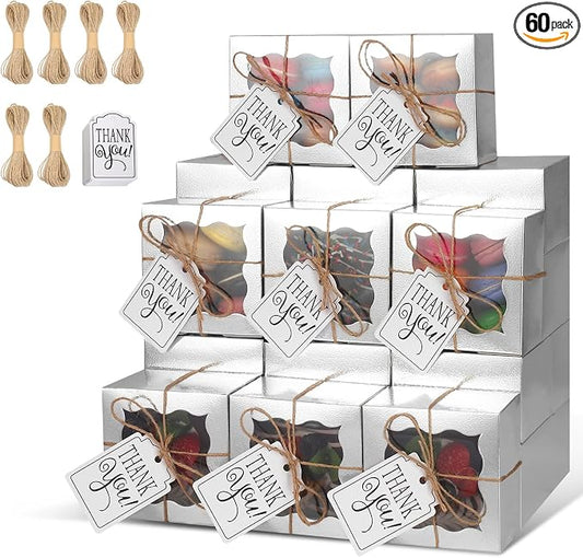 KPOSIYA 60 Pcs Silver Bakery Boxes with Window Individual Cupcake Boxes 4x4x2.5 Inches Cookie Boxes Kraft Paper Silver Gift Box for Pastries, Cookies, Pie, Donuts, Macaroon