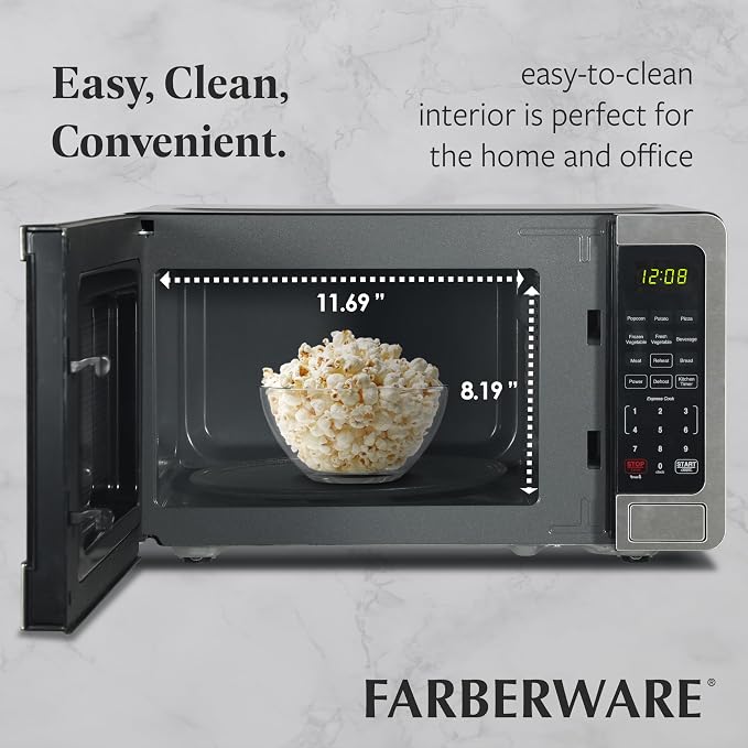 Farberware 0.7 Cu. Ft. Stainless Steel Microwave Oven, 700-Watt with LED Display, 10 Power Levels, 8 Auto-Cook Presets, Express Cooking, Weight & Time Defrost