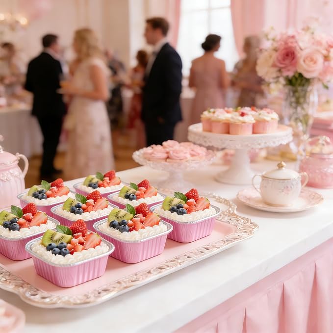 NPLUX 50 Pcs Mini Cake Pans with Lids and Spoons Aluminum Foil Mini Square Baking Cups with Lids Disposable Ramekins Cake Pans Dessert Cups for Wedding, Graduation Gifts Party Favors(Pink,5oz)