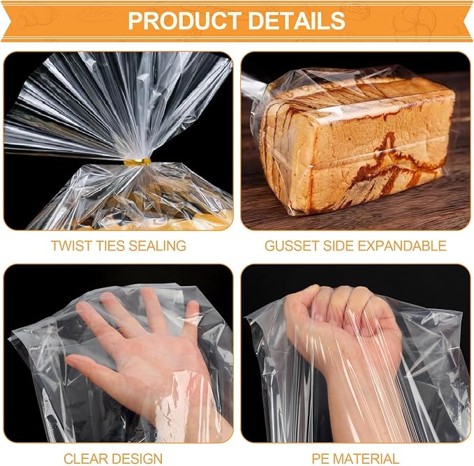 vivinin 100 Pack Bread Bags & 100 Pack Ties, 8" x 4" x 18" Clear Bread Bags for Homemade Bread, Reusable Plastic Bread Storage Bags for Bakers, Bakery Owners