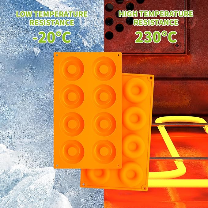 2er Pack Silicone Donut Mold - Non-Stick Silicone Doughnut Pan DIY Chocolate Baking Cookie Molds, Heat Resistant, Make Donut Cake Biscuit Bagels, BPA Free Dishwasher Safe (orange, 8 Cavities)