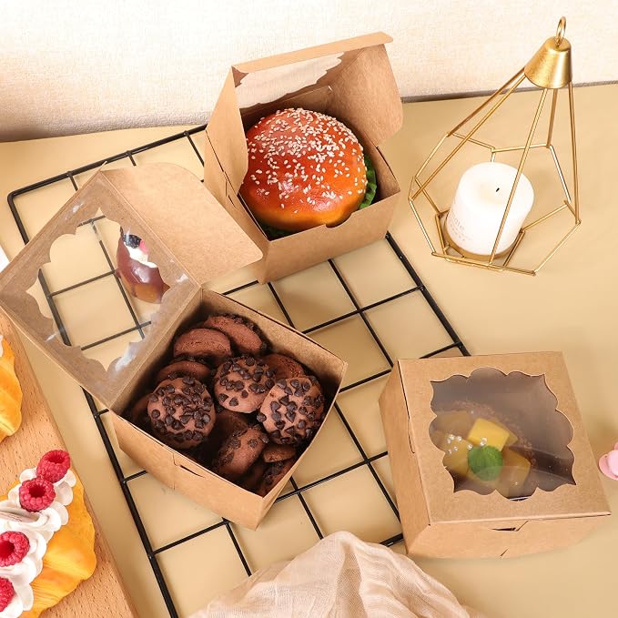 NPLUX 50pcs Cookie Boxes with Window Bakery Boxes Small Treat Boxes Mini Pie Boxes Pastry Boxes 4x4x2.5in, Graduation Gifts Party Favors(Brown)