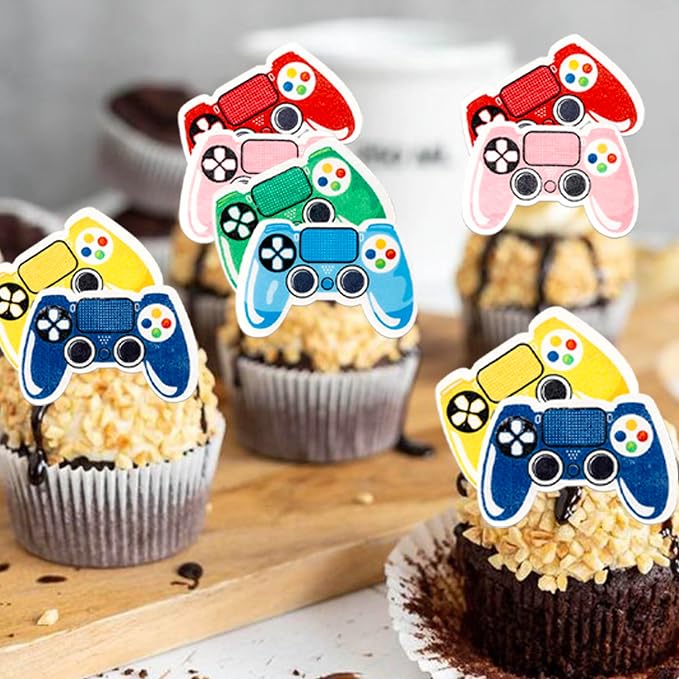 64 PCS Edible Video Game Controllers Cupcake Toppers Game On Controllers Cupcake Picks Edible GamePad Cupcake Decorations for Baby Shower Kids Boys Girls Gamer Birthday Party Cake Decorations Supplies