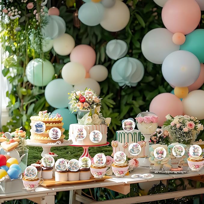48PCS Edible Spring Floral Tea Cupcake Toppers Wafer Paper Vintage Teapot Vase Cake Picks Edible Floral Teapot Cupcake Toppers for Spring Teacups Princess Theme Cake Decor Supplies