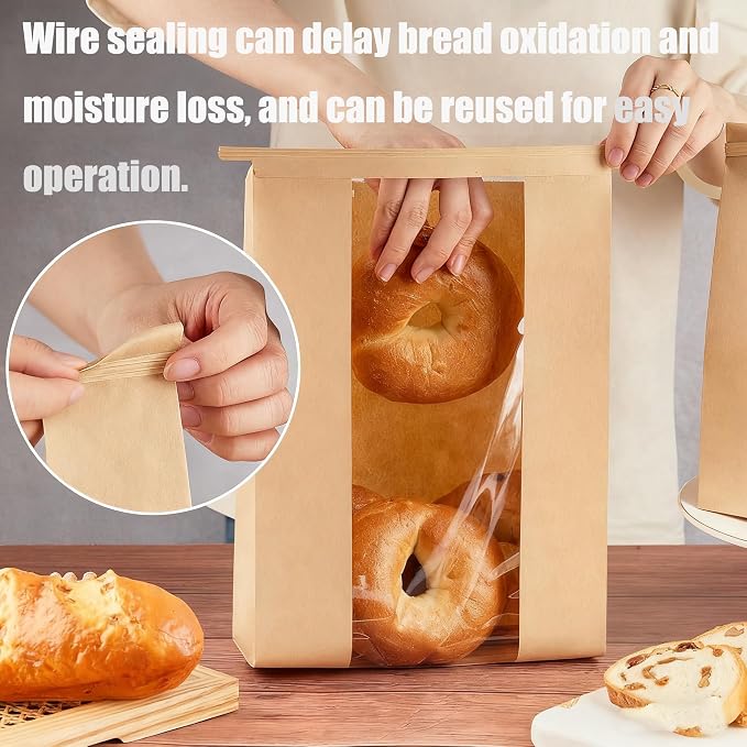 120 Pcs Paper Bread Bags for Homemade Bread with Tin Tie Tab Lock,Large Sourdough Bags Bakery Bag for Packaging Gift Giving,14" x 8.3" x 3.5",Clear Front Window,Includes 500 Sealing Stickers