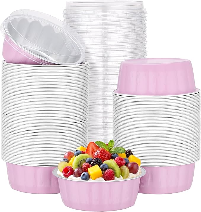 Beasea 8oz Disposable Ramekins with Lids, 120 Pack 235ml Aluminum Foil Baking Cups, Round Muffin Mini Creme Brulee Cups Tins Individual Cupcake Containers for Party Wedding - Pastel Pink
