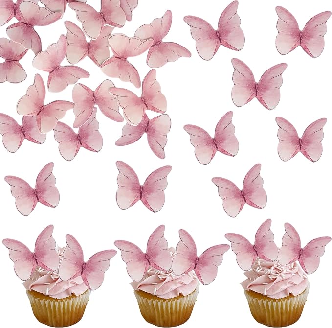 Ephlyn 48Pcs Edible 3D Butterfly Cupcake Toppers - Cute Cake Picks for Baby Shower, Bridal Shower, Birthday Party - Pink