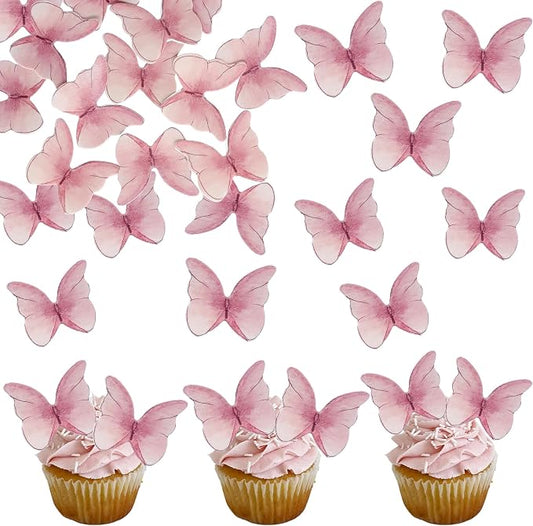 Ephlyn 48Pcs Edible 3D Butterfly Cupcake Toppers - Cute Cake Picks for Baby Shower, Bridal Shower, Birthday Party - Pink