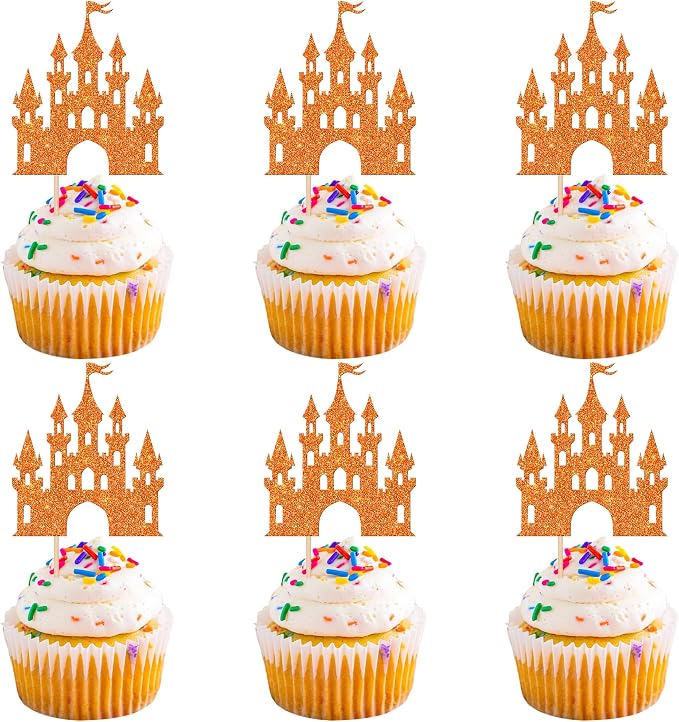 24 PCS Castle Cupcake Toppers Glitter Princess Cupcake Toppers Castle Theme Birthday Party Decoration Princess Happy Birthday Cake Decoration for Baby Shower Princess Birthday Party Supplies Orange