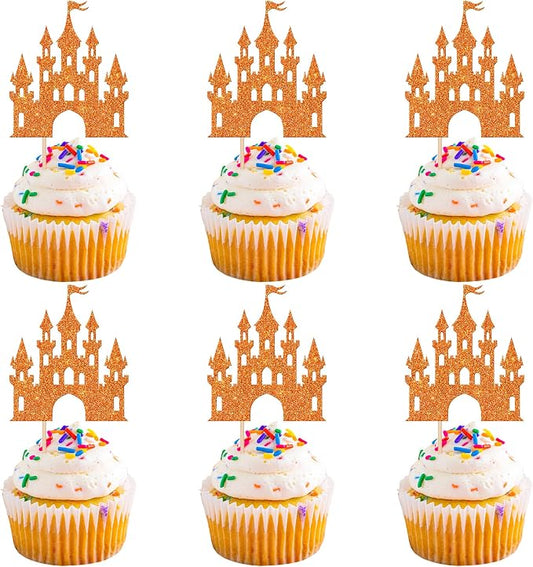 24 PCS Castle Cupcake Toppers Glitter Princess Cupcake Toppers Castle Theme Birthday Party Decoration Princess Happy Birthday Cake Decoration for Baby Shower Princess Birthday Party Supplies Orange