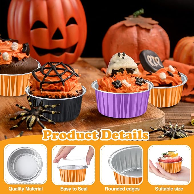 200 Pack Aluminum Foil Cupcake Liners with Lids, 5 oz Round Baking Cup, Disposable Ramekin Container for Graduation Wedding Independence Day Party(Purple, Orange, Black,Halloween)